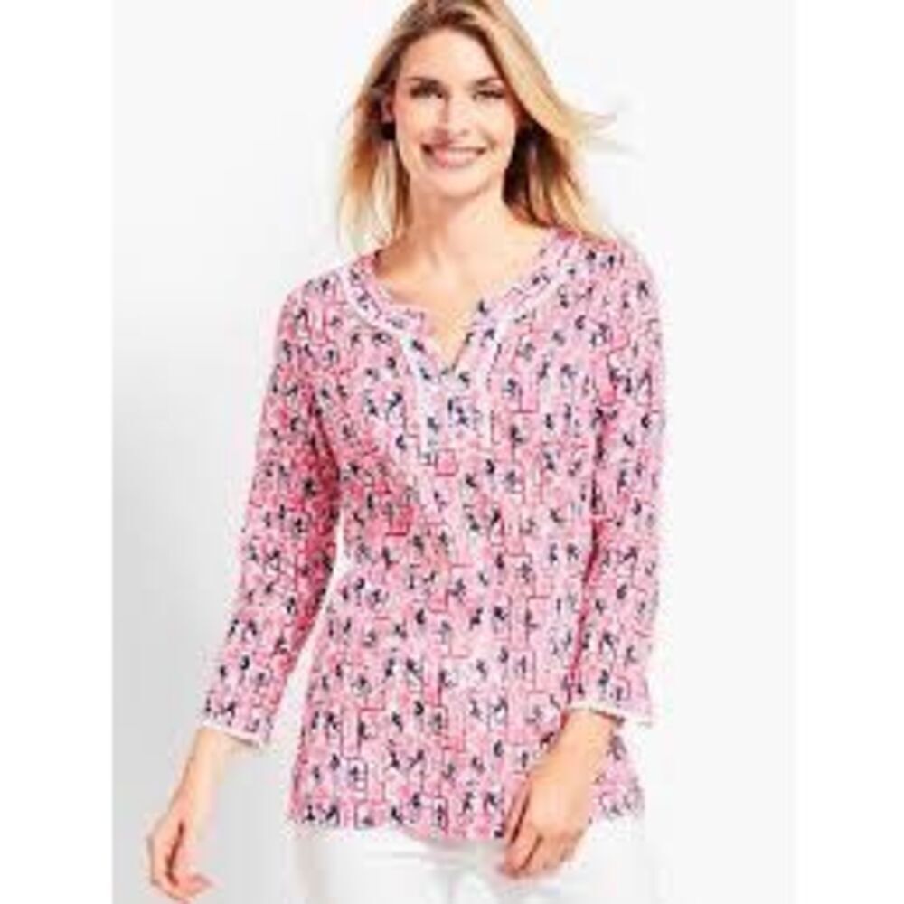 Talbots Monkey Print Tunic Top Sz 2X Pink White Embroidered
